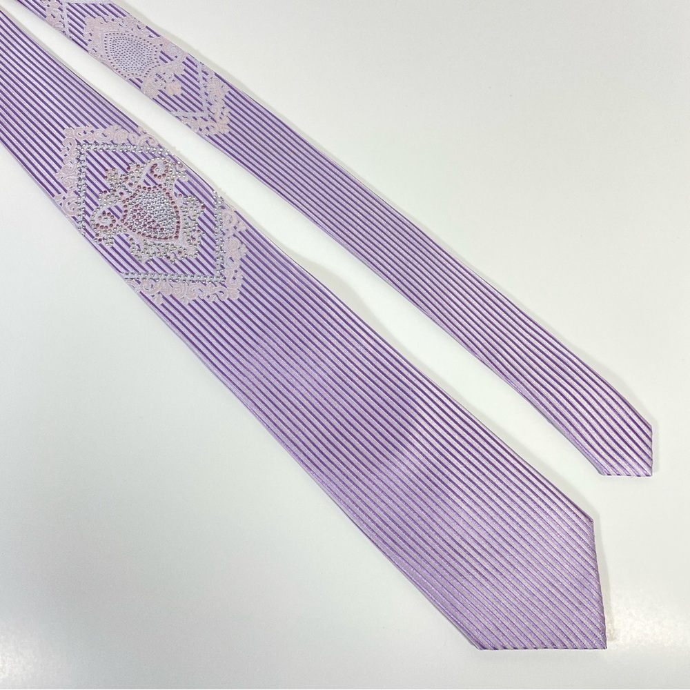 Luxury Silk Tie Purple, Ornate Crest Embellished w/Rhinestones, Wedding Festival